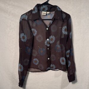 Vintage Floral Sheer Brown and Blue Blouse